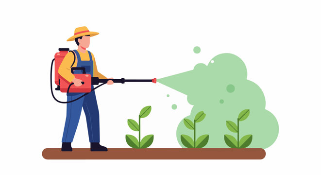 Farmer sprays young plants with liquid from a backpack sprayer