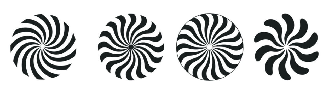 Abstract swirling spiral elements set, four black and white modern graphic design shapes vector isolated