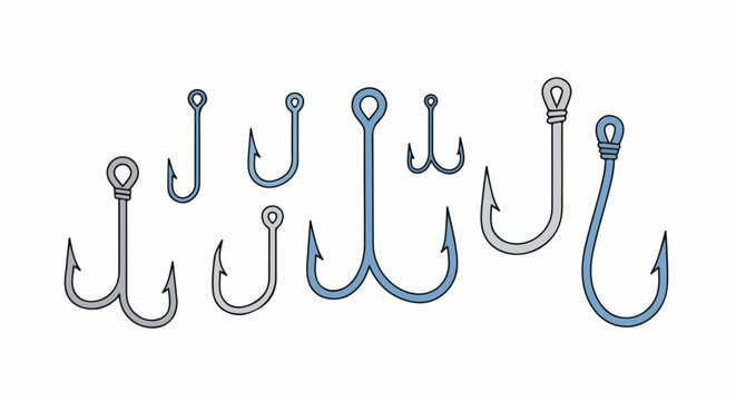Collection of diverse fishing hooks, some single, double, and treble hooks