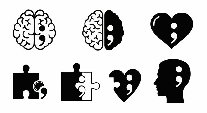 Collection of graphic icons representing semicolon inside brain, heart, head, and puzzle pieces