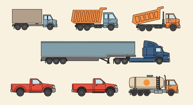 Collection of Various Trucks and Vehicles on a Light Background