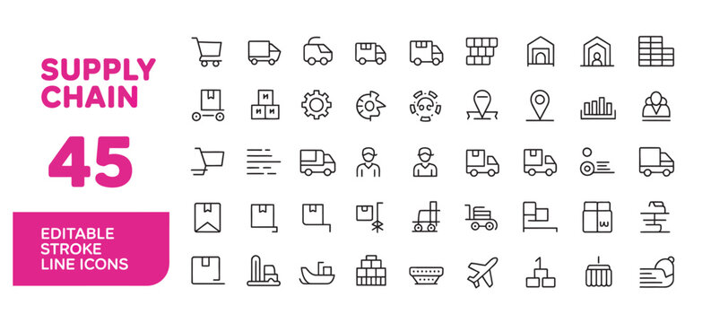 Set of 45 supply chain and logistics line icons for business and distribution systems