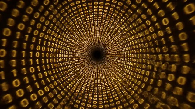 Golden binary tunnel formed by glowing digital numbers representing complex big data