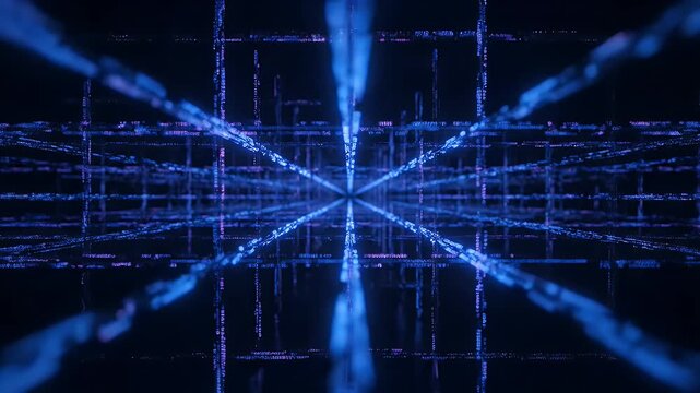 Abstract blue digital grid lines converge in a dark virtual space with light effects