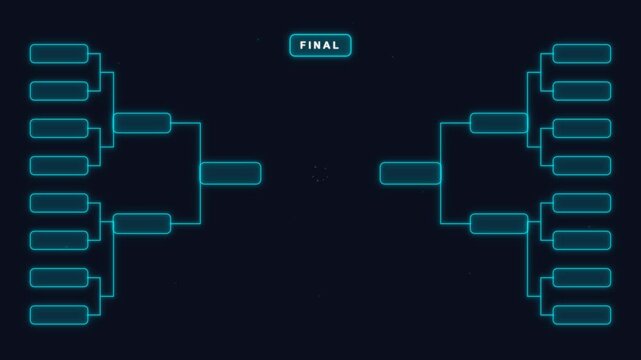 Futuristic neon blue football tournament bracket display animation with glowing lines and stars digital sports championship structure visualization competition progression timeline abstract technology
