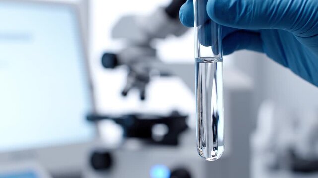 Scientist holding test tube with clear liquid in a laboratory setting