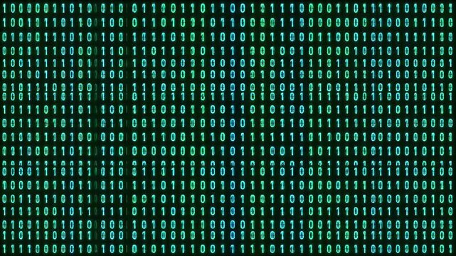 Green binary code background with flowing numbers representing digital data stream