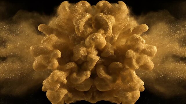 Golden dust explosion creates a symmetrical cloud pattern against a dark background