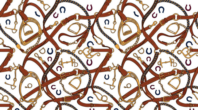 Seamless vector textile pattern with equestrian leather belts stirrups and horseshoes on white background for luxury fashion design