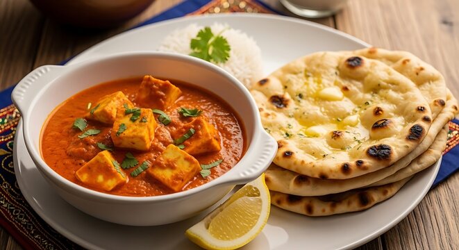 Delicious Indian paneer butter masala with naan bread and rice on plate