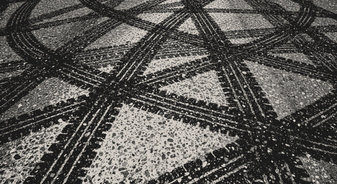 Tire tracks abstract pattern on asphalt ground