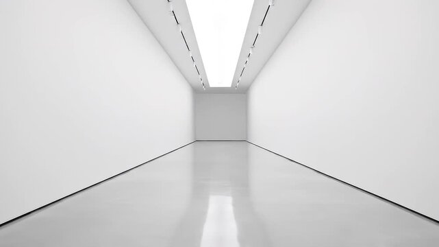 Empty white modern art gallery corridor with soft lighting and reflection