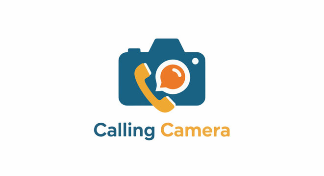 Graphic logo combining a vintage camera, phone receiver, and speech bubble