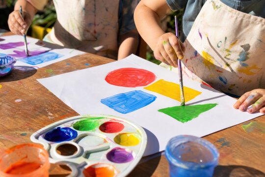 Children painting colorful geometric shapes with watercolors on white paper at wooden table during outdoor art class, creative hands-on education activity with vibrant paint palette in sunny daylight