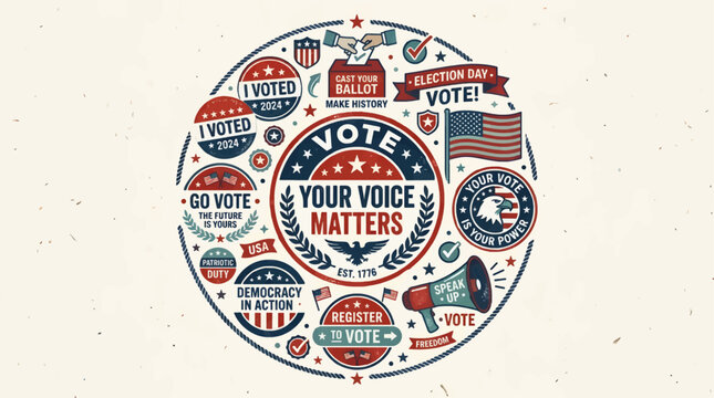 Collection of US Election and Voting Graphics, Featuring "Your Voice Matters" and "I Voted 2024" Badges, American Flag, Ballot Box, and Megaphone, Patriotic Design Elements
