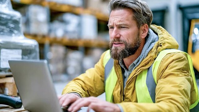 Warehouse Manager at Work: A focused warehouse manager with a beard, wearing a high-visibility vest, diligently works on a laptop amidst stacks of goods in a busy distribution center.