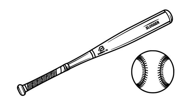 Baseball Bat with a Baseball and the Word 'Slugger' Written on It Featuring Sports Equipment, Black and White, Line Drawing with Sports Elements