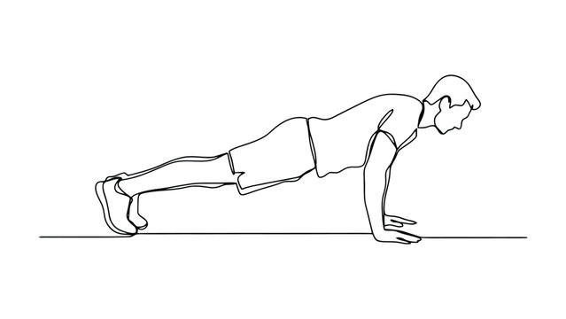 minimal line art man doing push up exercise, strength training and bodyweight workout concept, fitness outline illustration, athletic wellness vector design