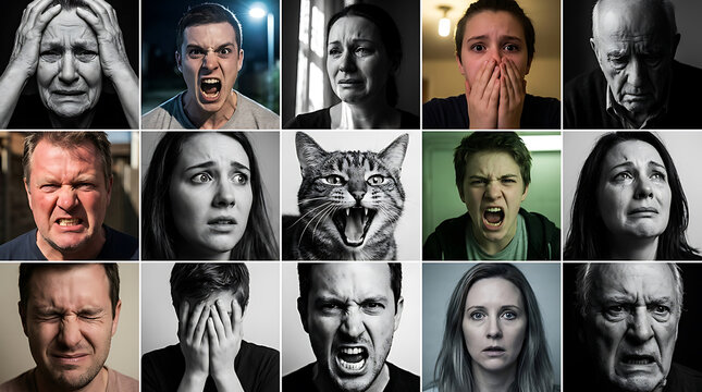 Collage of human faces and cat expressing fear anger sadness distress animal 2 desig