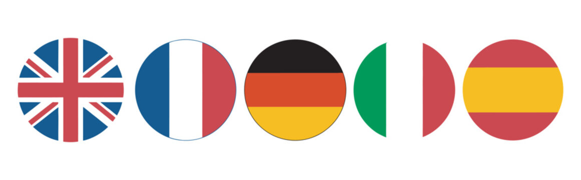 European flag circle button icon set, uk france germany italy spain country badges flat vector design