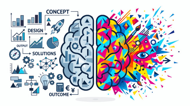 Illustration of Human Brain Split: Left Logic Side with Charts, Rocket, and Gears; Right Creative Side with Paintbrush, Eye, Music Notes, and Abstract Shapes