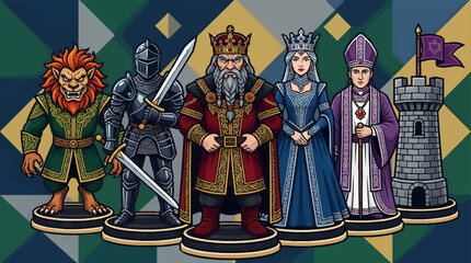 Stylized Flat Design Vector Illustration of Chess Pieces: Lion Man, Knight, King, Queen, Bishop, and Rook on Pedestals, Medieval Fantasy Characters, Geometric Background © titin