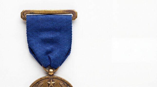 Vintage medal, bronze award, blue ribbon, military decoration, honor symbol