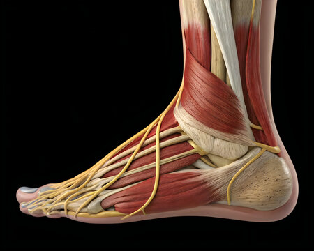 Human foot anatomy with muscles and tendons