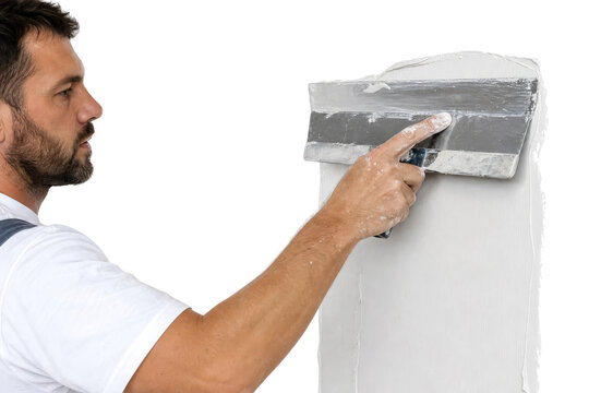 Professional Plasterer Applying Putty on Wall with Large Spatula Isolated on White