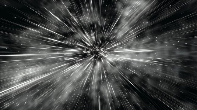 黒背景に白い光が中心へ走る抽象背景、スピード感と衝撃を表すモノクロライト素材