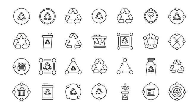 Recycling and waste management symbol pack in linear style.