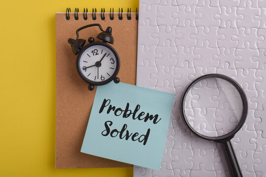 Problem Solved message with a clock, magnifying glass, and puzzle pieces, representing analysis, solutions, efficiency, and successful outcomes.