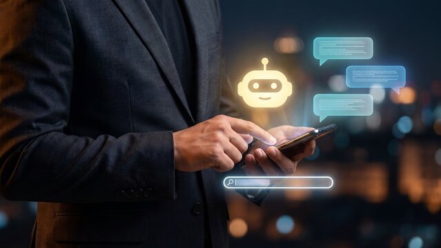Businessman using smartphone with glowing AI chatbot robot, chat bubbles and search bar representing virtual assistant, conversational AI and customer support technology concept