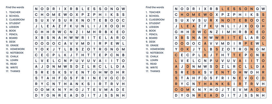 Word search puzzle grid for Teachers Day concept of school teacher maze game  