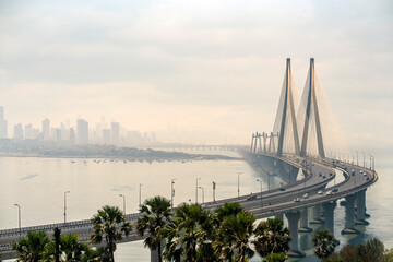 Fototapeta premium Mumbai, India - Aerial view of Bandra Worli sea link bridge Mumbai Maharashtra India