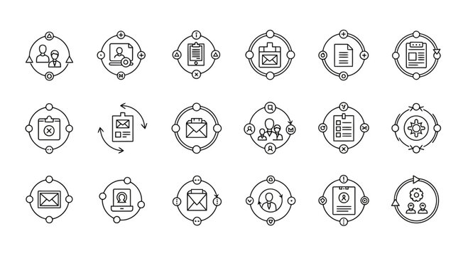 Set of line icons for project management and business administration workflows.