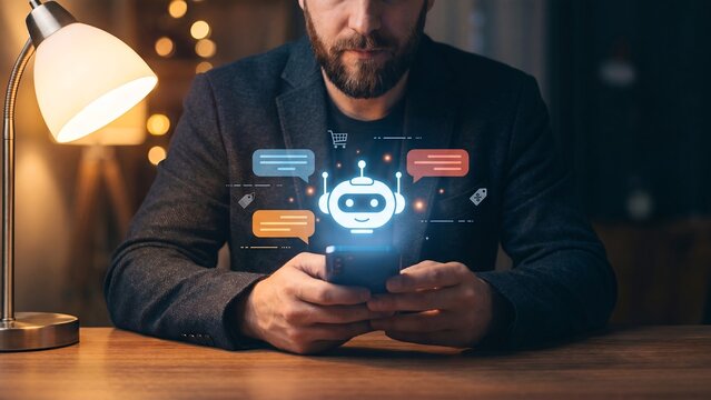 Man using smartphone with glowing AI chatbot robot, chat bubbles, shopping cart and price tag icons representing online retail virtual assistant customer service technology