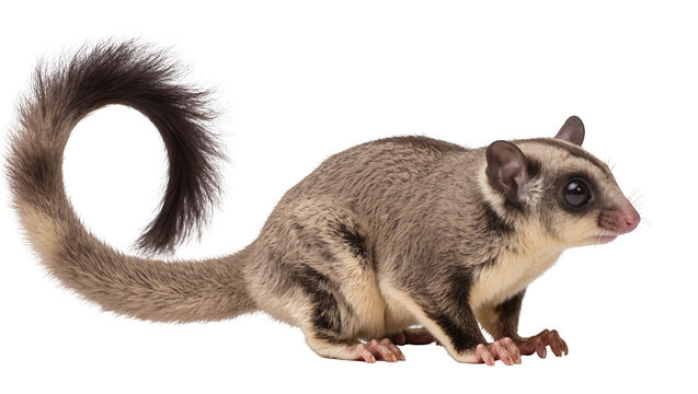 Sugar glider marsupial with fluffy tail and dark stripes