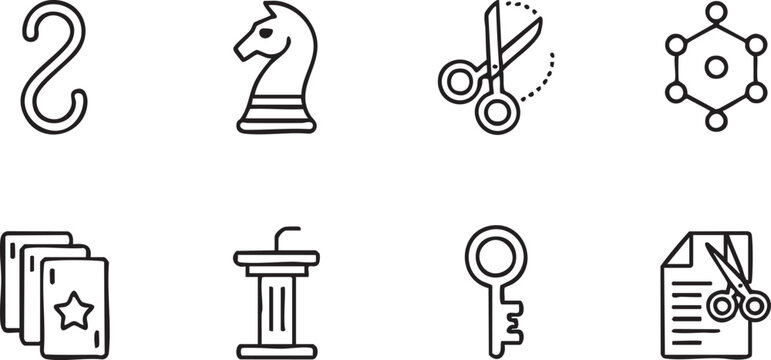 Outline Document and Security Icons with Key Scissors Paper Cut Molecule Network and Chess Symbols