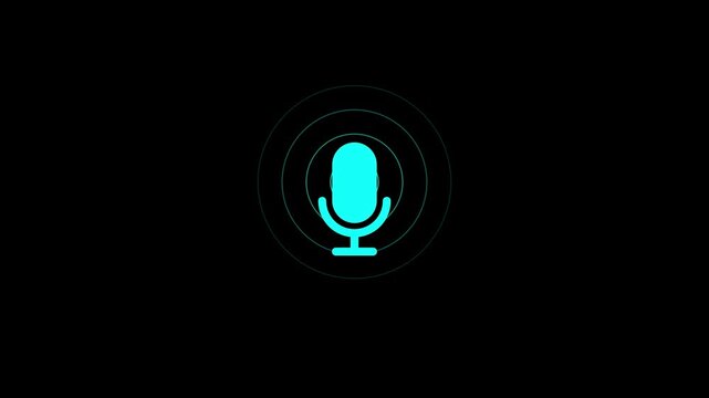 Minimalist microphone icon with animated sound wave circles pulsating on dark black background