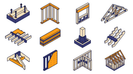 Naklejka premium Isometric set of timber framing and structural wooden house construction elements on white background, representing architectural blueprint design and engineering education