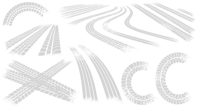 Tire tread marks after skidding, launch, drift, powerslide in motorsport, rally, off-road, motocross. Wheel texture with splash effect. Vector, transparent PNG version.