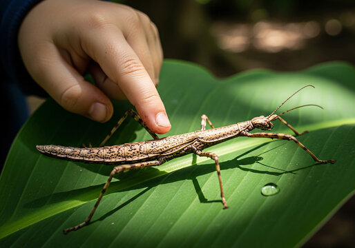 Child Finger Touching Stick Insect on Green Leaf