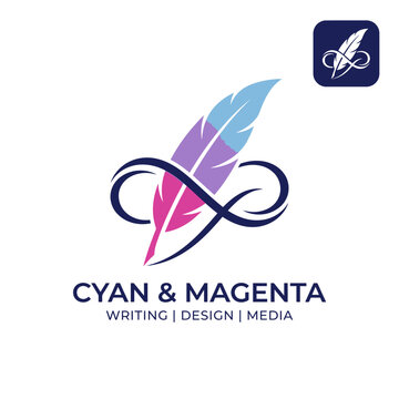 Infinity feather logo design with cyan and magenta colors.