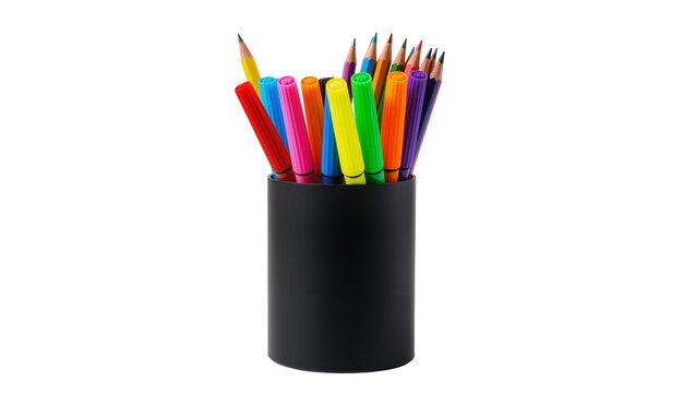 Black pencil holder with colorful markers and pencils