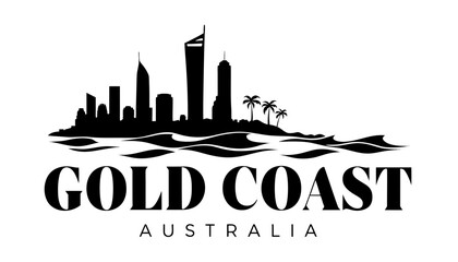 Fototapeta premium Vector illustration of Gold Coast skyline in black silhouette, with “GOLD COAST” text, on white background, modern city identity and tourism design