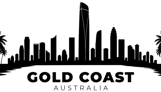 Vector illustration of Gold Coast skyline in black silhouette, with &ldquo;GOLD COAST&rdquo; text, on white background, modern city identity and tourism design