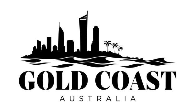 Vector illustration of Gold Coast skyline in black silhouette, with &ldquo;GOLD COAST&rdquo; text, on white background, modern city identity and tourism design