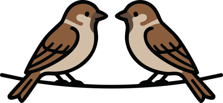 Two sparrows facing each other on a branch, cute cartoon illustration