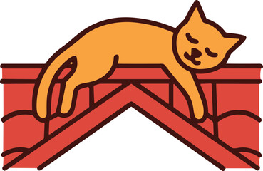 Orange cat sleeping on a red roof, illustration, cozy and peaceful moment © Mas Komplong